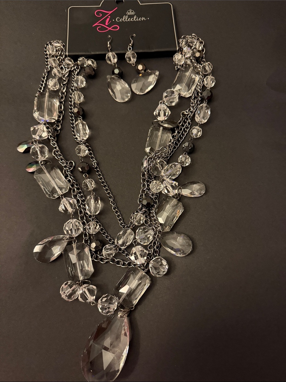 IC COLLECTION Clear Crystal Multi-Strand Statement Necklace and Earring Set